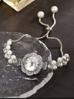 Elegant Pearl & Crystal Silver Bracelet Watch new
